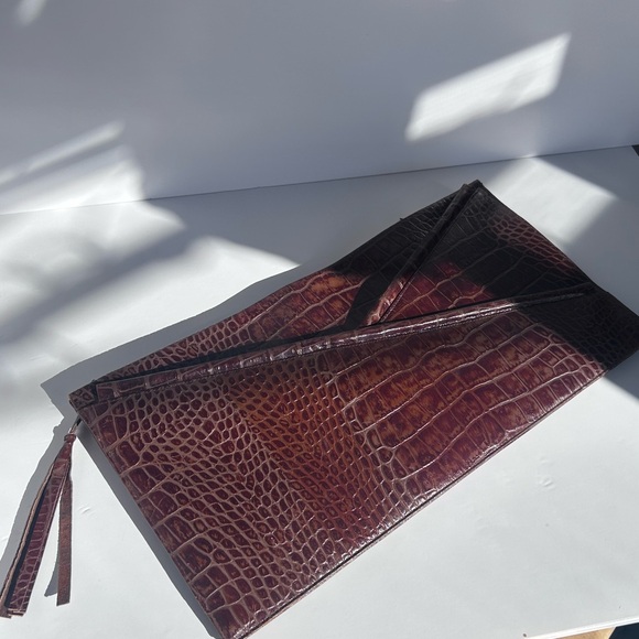 Vintage J.E Fournier Montreal Croc Embossed Leather Clutch Brown Envelope Bag - Picture 3 of 4